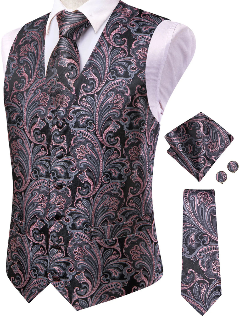 Stylish Color Paisley Waistcoat Set for Men – Single Breasted Vest with Matching Tie Perfect Weddings and Galas Qme HT-MJ-0060 XL