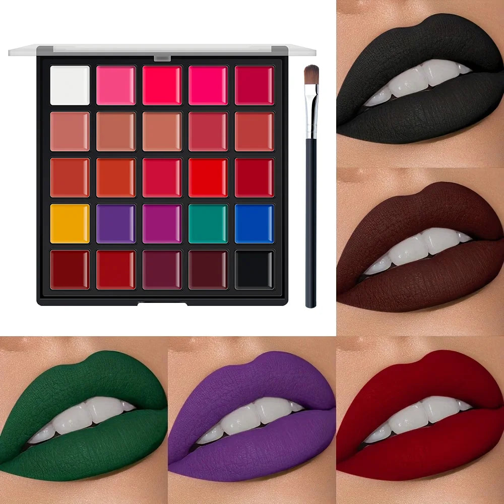 25 Colors Matte Lipstick Palette Lip Brush Long Lasting Waterproof Qme