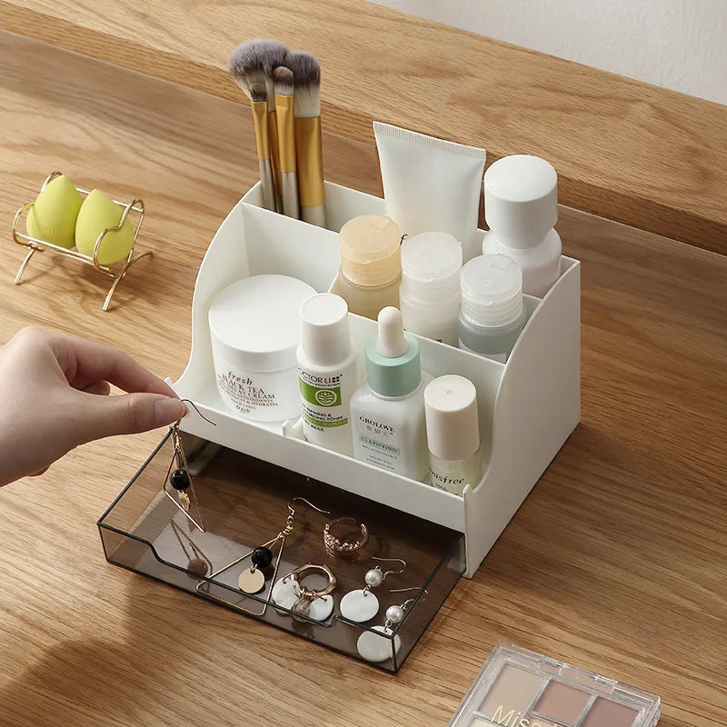 Multi Compartment Desk Organizer with Clear Drawer, Plastic Stationery Storage Caddy Pen Holder for Office School Home Qme