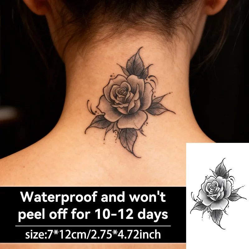 Rose & Flower Temporary Tattoo, Herbal Juice Waterproof Long-Lasting, Elegant Small & Fresh Fake Tattoo for Arm, Collar & Neck Qme
