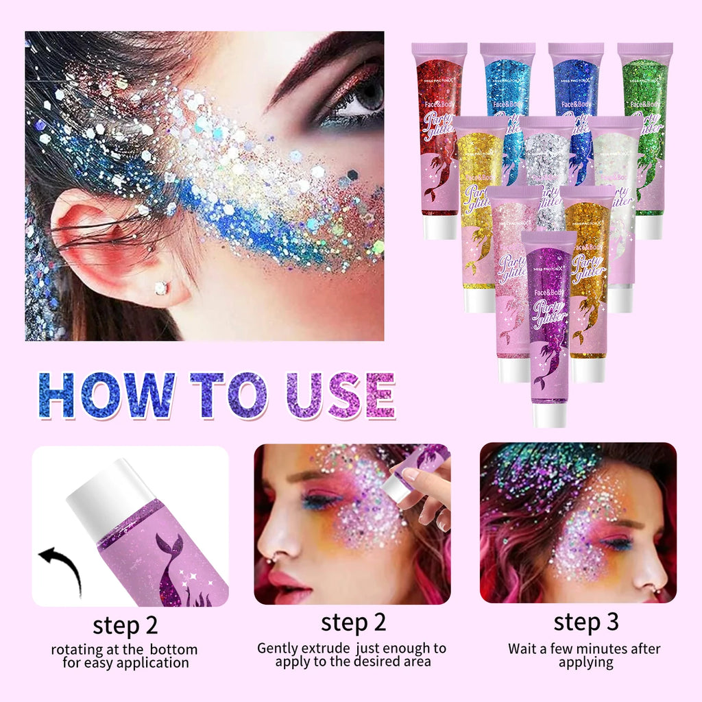 10 piece body glitter gel, carnival face glitter cosmetics suitable for women, shiny thick hair glitter, carnival accessories fo Qme