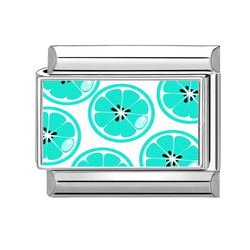 Fashion 3D Pattern Grapefruit Blue Flowers Piano Italian Charm Links Fit 9mm Stainless Steel Bracelet Jewelry DIY Making Beads Qme Style 15