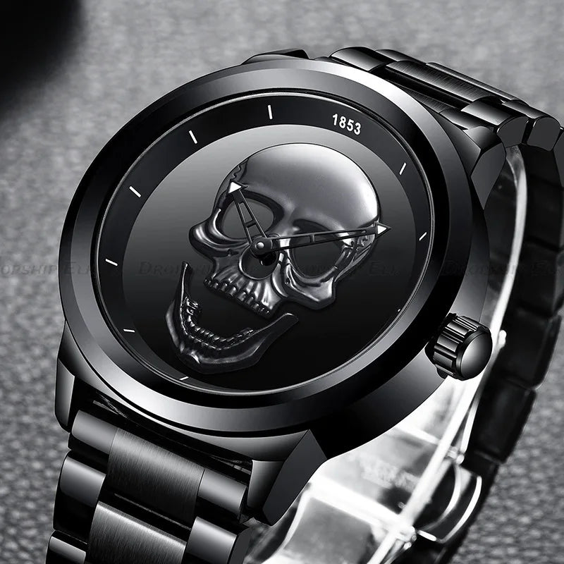 Men's Quartz Watch, Black and Gold Dial, 3D Skull Head Pattern, Stainless Steel, Steampunk Rock Engraved, Men's Watch Qme