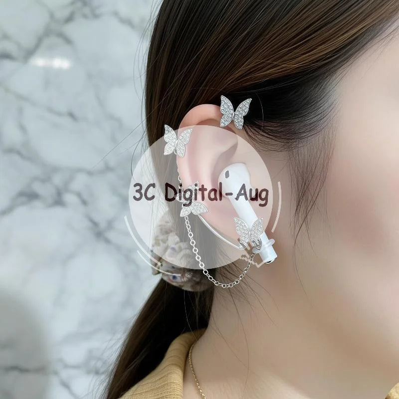 Creative Rhinestone Butterfly Earphone Anti-lost Chain Fashionable Qme