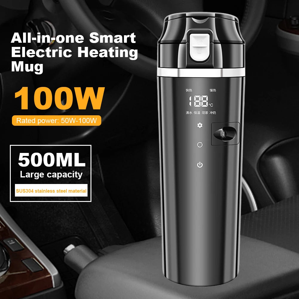 12V/24V 500ml Stainless Steel Car Heating Cup Smart Temperature Control Electric Kettle Stainless Steel Cup Water Warmer Bottle Qme