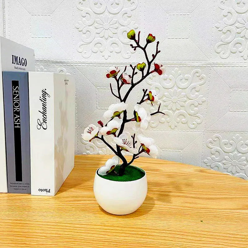 Simulation Plum Flower Pot Plant Artificial Plastic Fake Flowers Home Office Desktop Ornaments Wedding Party Background Decor Qme White
