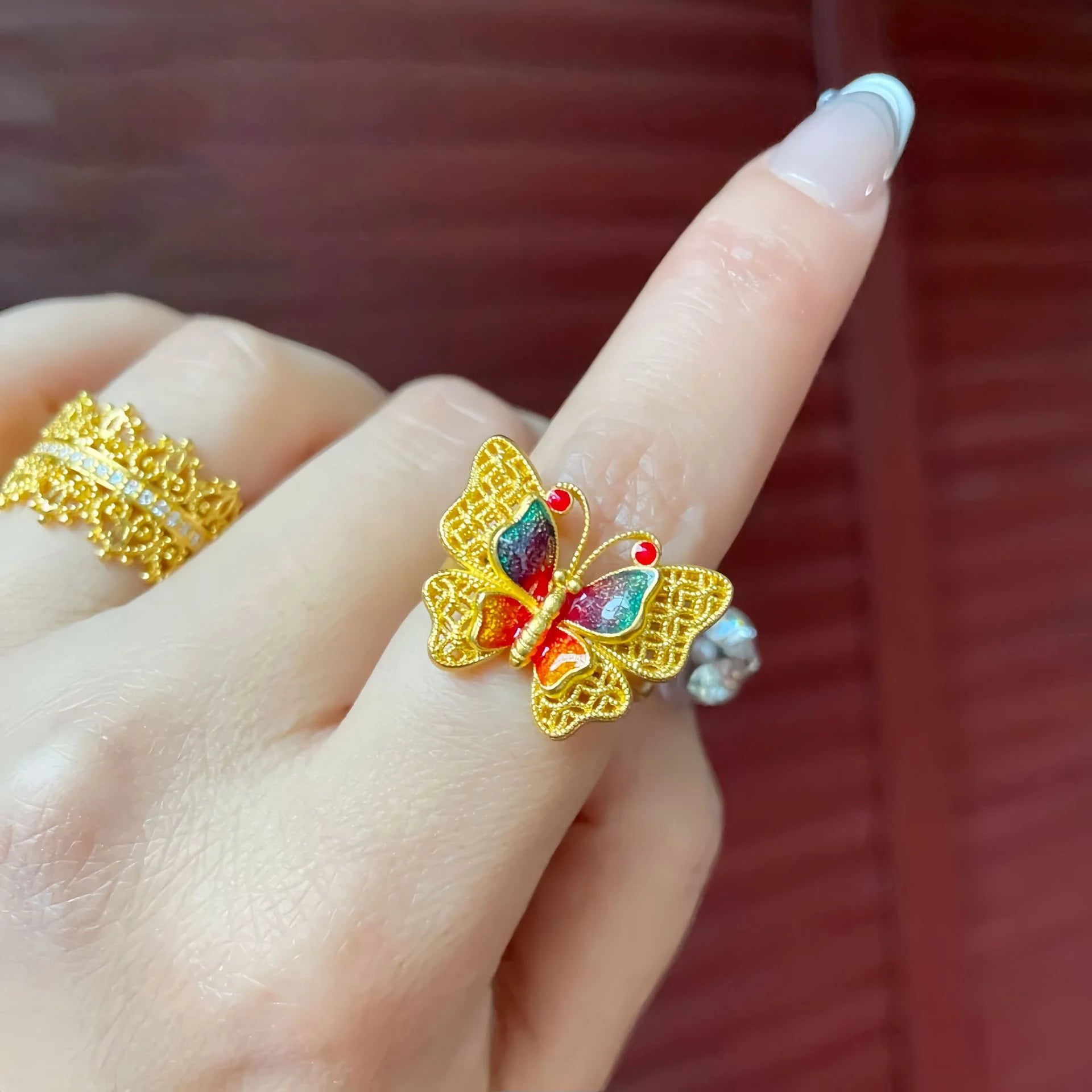 Ancient Fasha Gold Enamel Color Hollow Out Flower Thread Colorful Butterfly Ring for Women Adjustable Party Jewelry Wholesale Qme