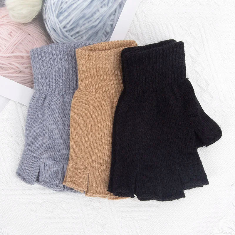 1Pair Black Short Half Finger Fingerless Gloves Unisex Outdoor Short Warm Mittens Women Men Knit Elastic Comfort Work Gloves Qme