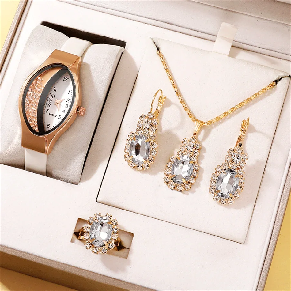 Ladies' Watch&Crystal, Quartz Watch, Watch, Luxury Brand, Design, Simple, Ladies', Women's Fashion, 6-piece Set Qme White suit