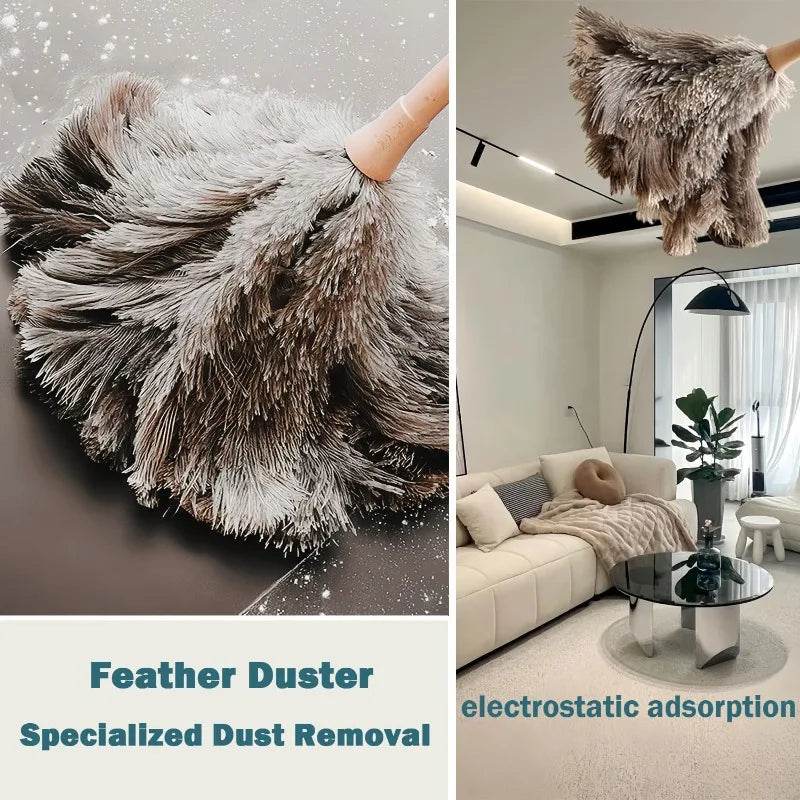 Natural Fluffy Ostrich Feather Duster Handle Reusable Furniture Qme