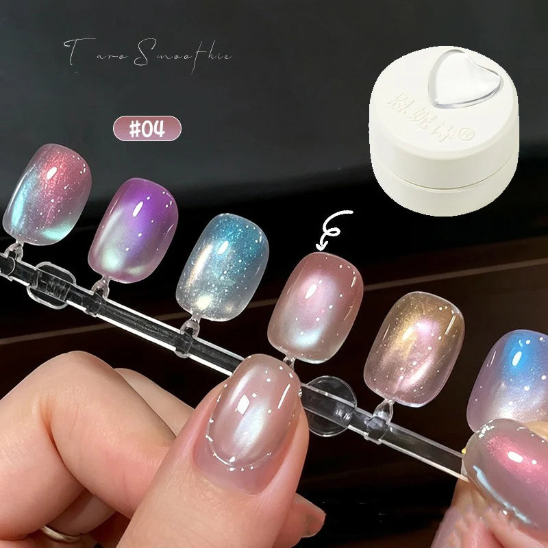 New Cat Eye Nail Gel Polish Set, Taro Purple Milky Shimmer, Magnetic Aurora Glass Bead Effect, Long Lasting Soak Off UV LED Gel Qme 04
