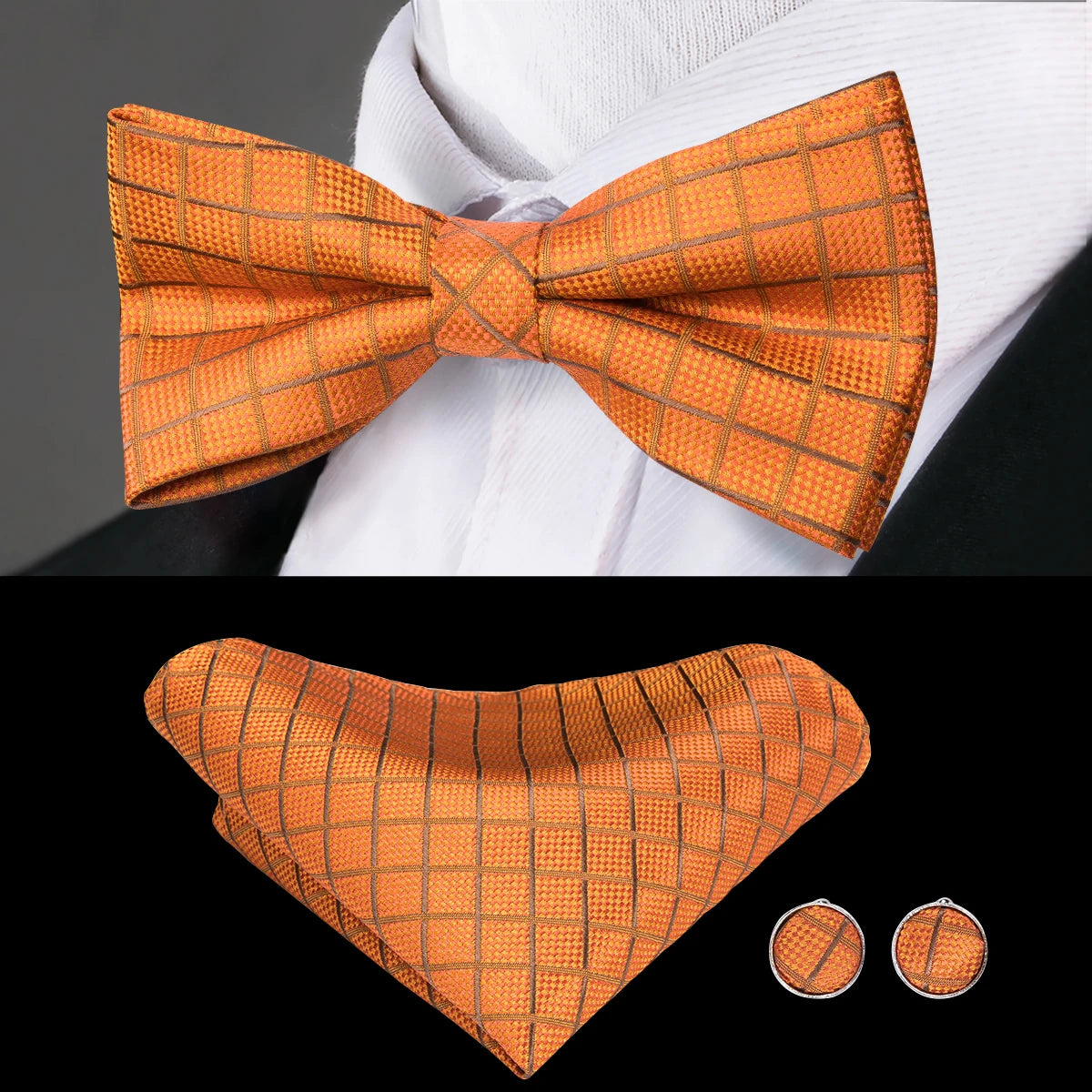 Hi-tie Grey Plaid Jacquard Pre-tied Mens Bow Tie Hanky Cufflinks