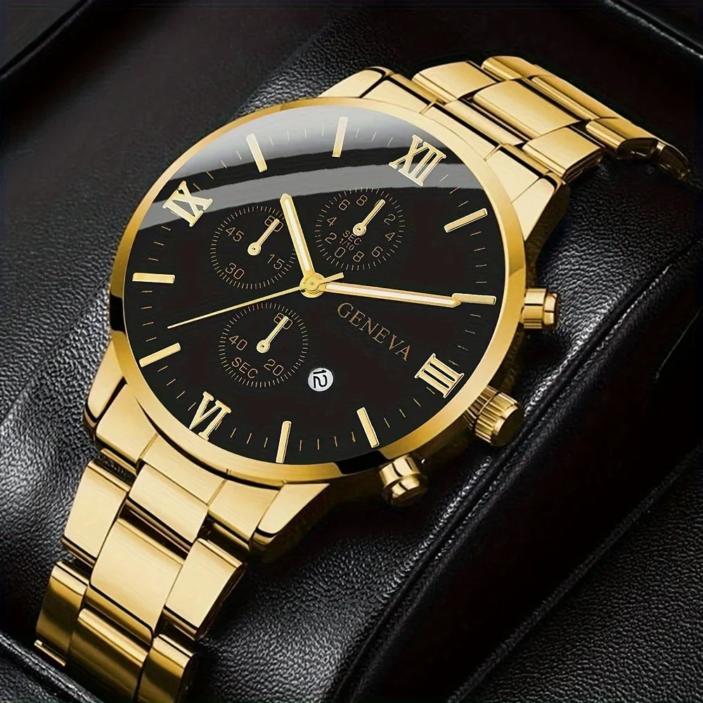 1pc Men Round Pointer Date Quartz Watch& 1pc Bracelet, Ideal choice for Gifts Qme