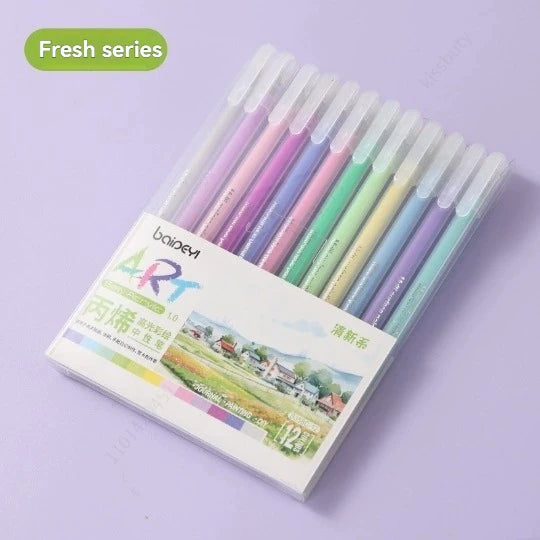 12Pcs/set Acrylic Watercolor Gel Pen Large Capacity Highlighter Fine Tip 1.0mm For DIY Black Cardstock Drawing Marking Doodling Qme Fresh style