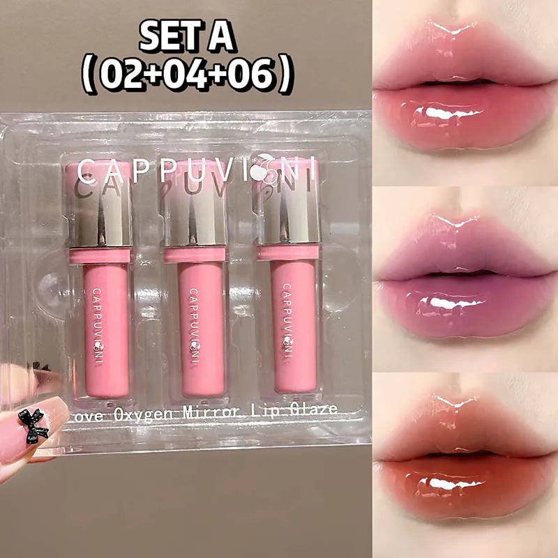 Strawberry Lip Gloss Glass Mirror Shine Lip Tint Hydrating Long Lasting Lip Makeup Non-Sticky Water Glossy Liquid Lipsticks Qme Set A 02-04-09