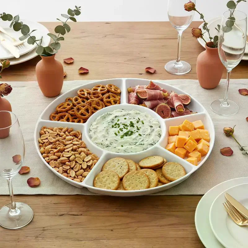 Portable Plastic Food Storage Tray Reusable Round Shape Divided Dinner Plate 5-Compartment Snack Container Plate Household Use Qme