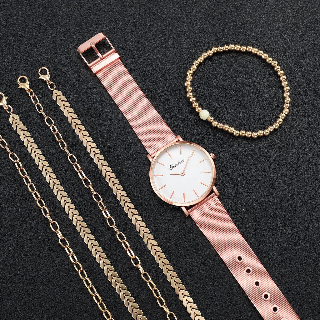 Women's Quartz Watch with Simple Scale Dial, Mesh Band, Bracelets Set, Female Fashion, Without Case, 6 Pieces Per Set Qme