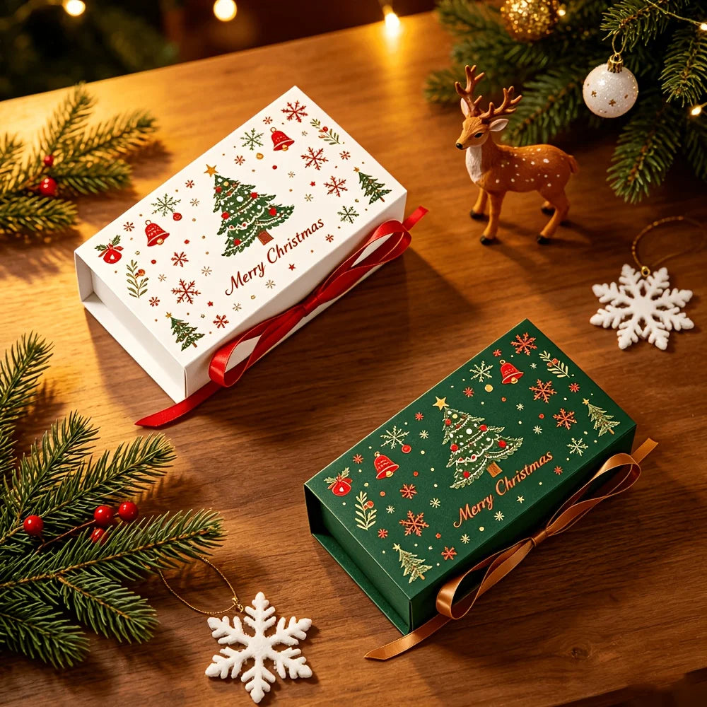 10pcs Merry Christmas Gift Boxes with Ribbon, Xmas Tree Snowflake Printed , Packaging Box for Holiday Biscuit Wedding Favor Qme