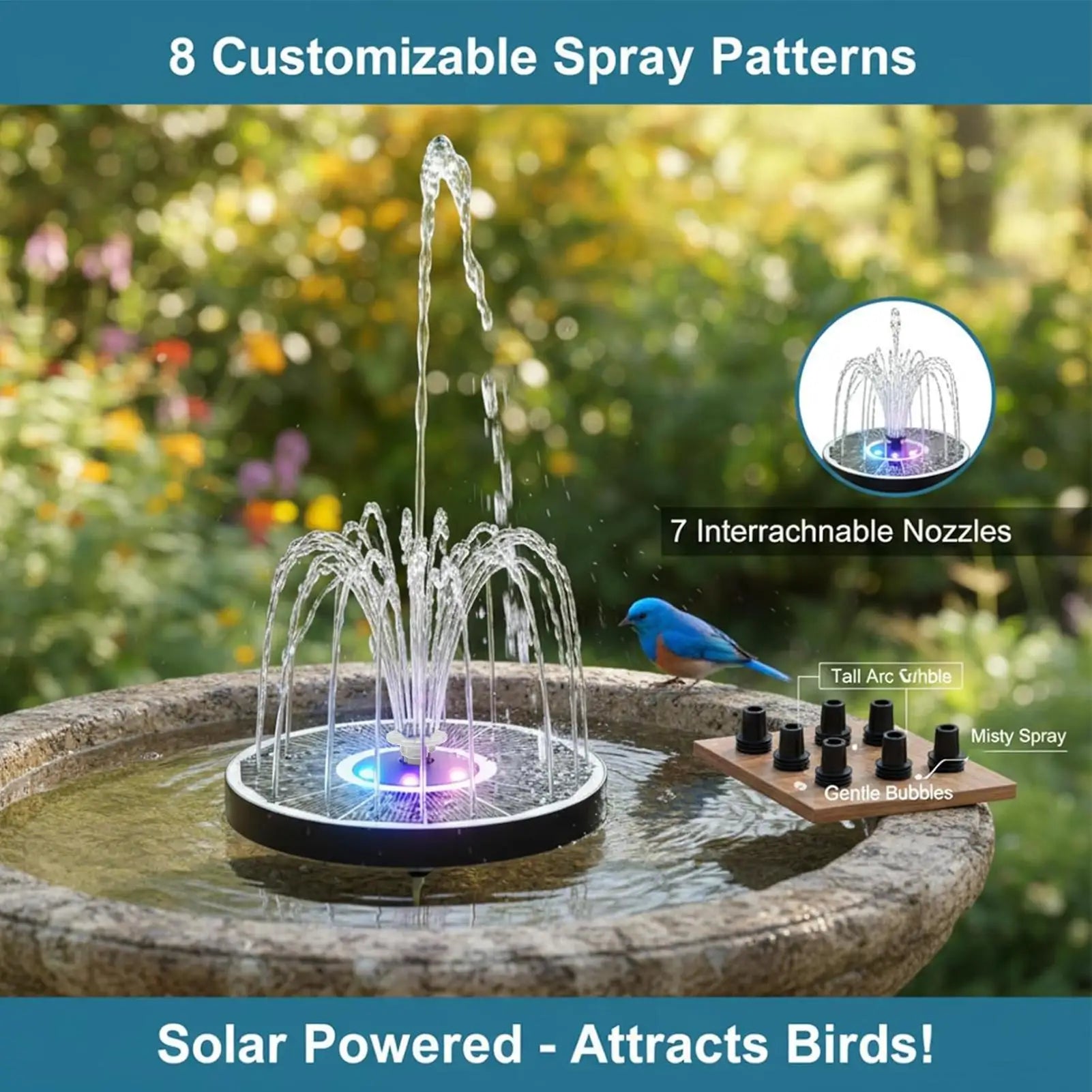 Solar Bird Bath Fountains With Colorful LED Lights 6 Nozzles 1500mAh Solar Water Fountain Outdoor For Patio Yard Outdoor Garden Qme