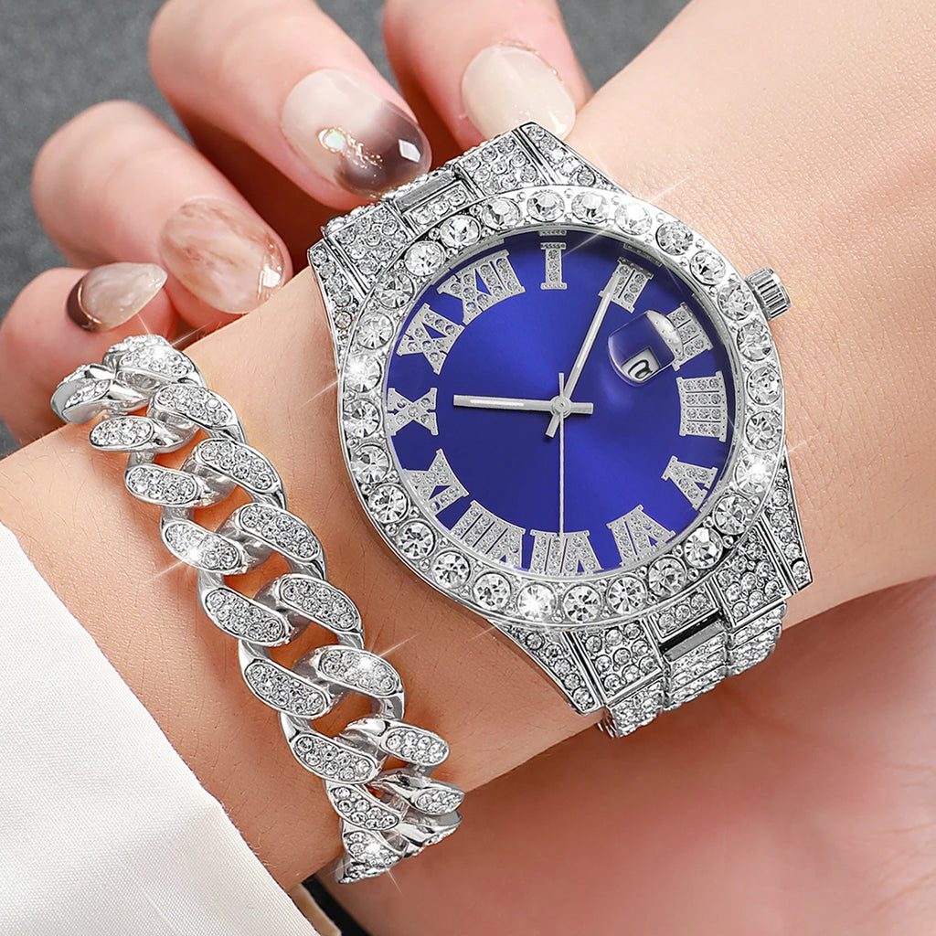 Relógio de quartzo feminino, moda casual, diamante completo, pulseira com mostrador azul romano, sem caixa, 2 peças por conjunto Qme