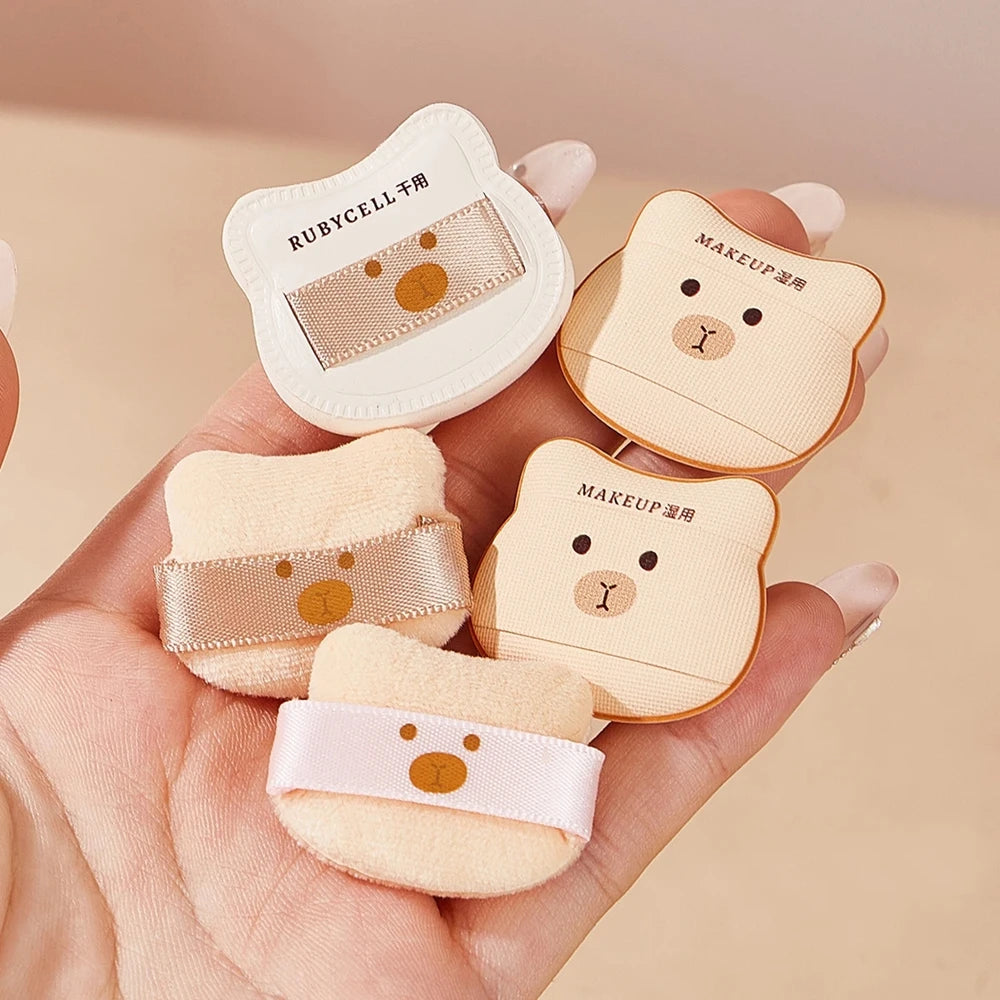 5/8PCS Cute Bear Powder Puff Set Soft Flocking Wet & Dry Use Sponge Mini Fingertip Puff forSkin-friendly Flocking Air Cushion Qme