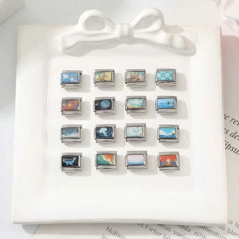 Personalized Italian Charm Bracelet Charm Bead Sunrise Sunset Seaside Stainless Steel 9mm Bracelet DIY Bead Fashion Jewelry Gift Qme