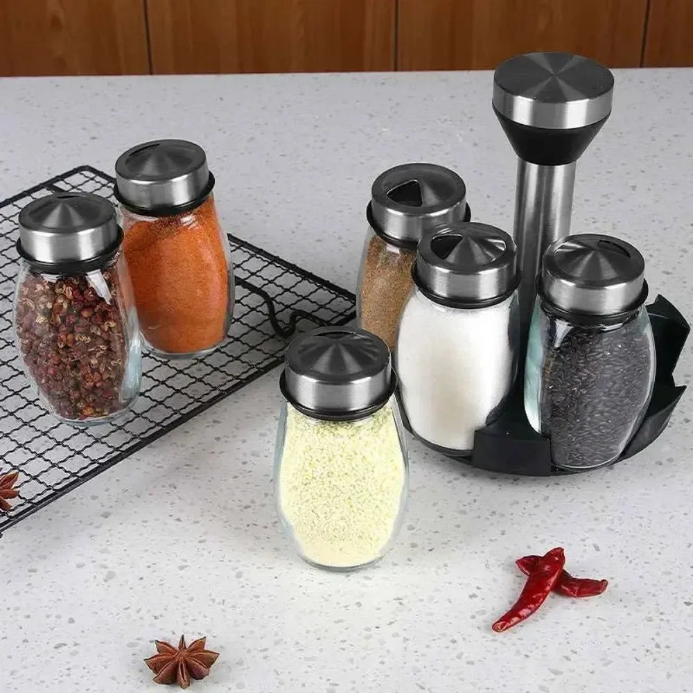 Spice Jar Rack Glass Organizer Rotating Seasoning Sugar Pepper Qme