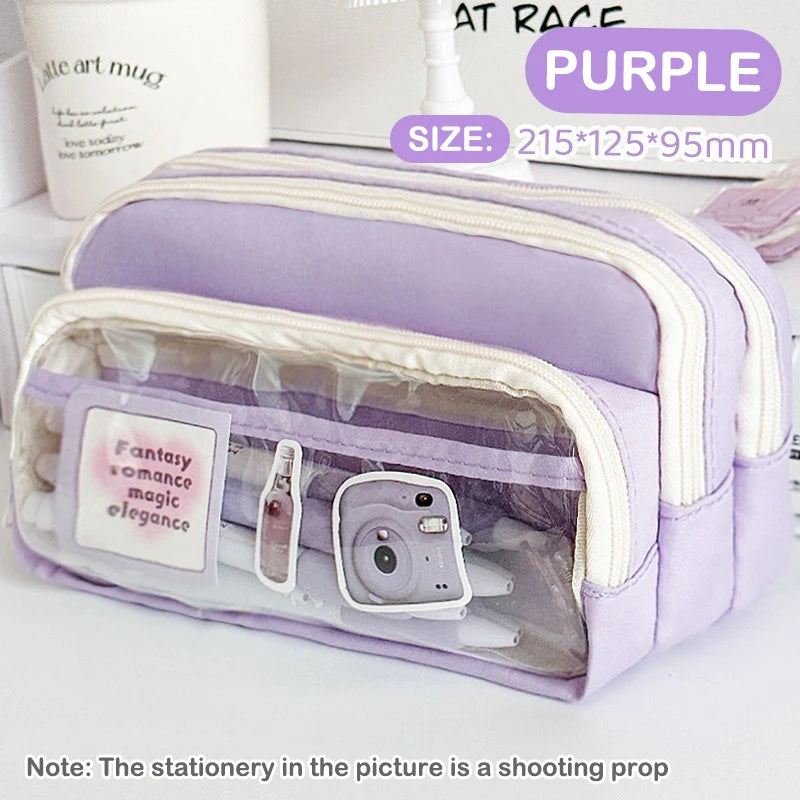 Chic Solid Pencil Case Korean Simplicity Transparent Pen Pouch Large Qme Purple