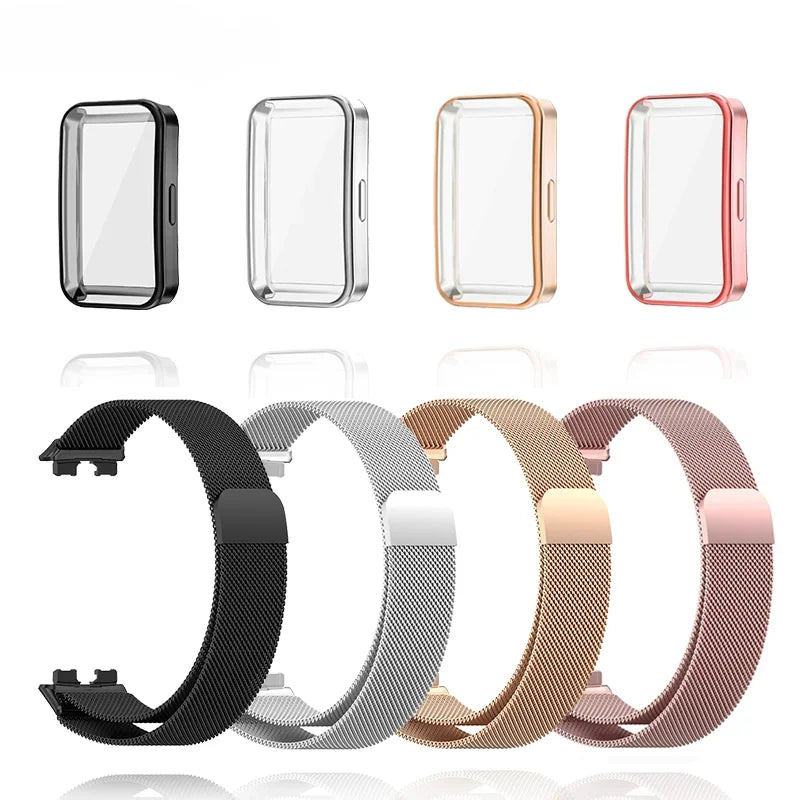 Metal Strap For Huawei Band 8 9 Bracelet With TPU Case Screen Protector Soft Film Replacement Milanese Magnetic Loop Watchband Qme