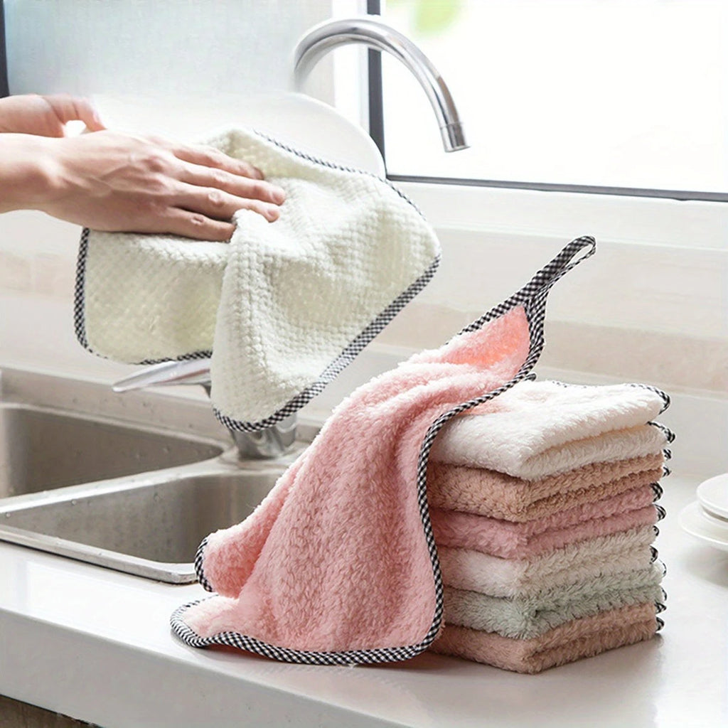 10pcs, Thickened Coral Velvet Dish Cloths Towels, Soft Absorbent Towels, Strong Stain Removal, Scouring Pads, Reusable Qme