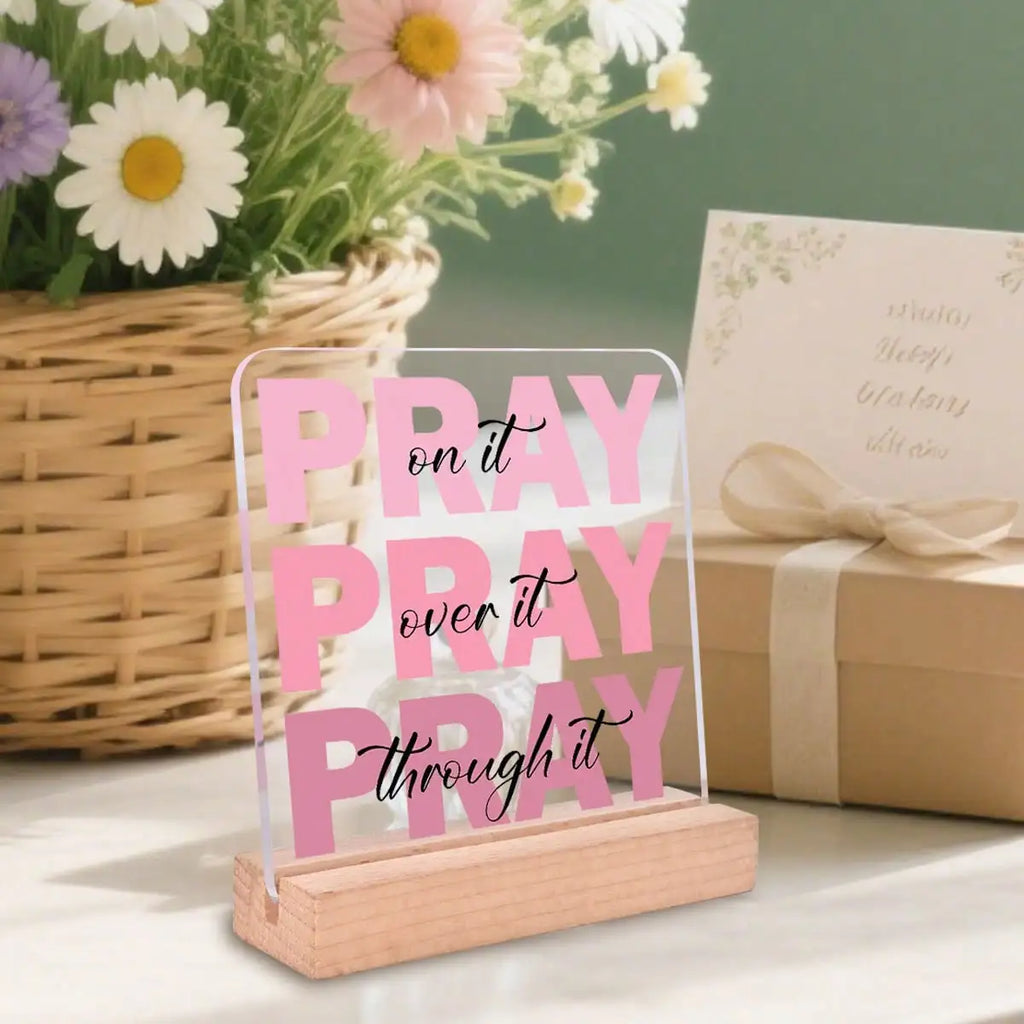 Reflect Pray Acrylic Table Plaque Wood Stand Motivational Room Qme