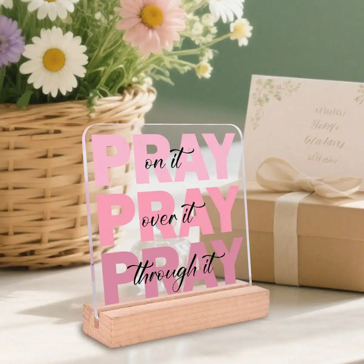 Reflect Pray Acrylic Table Plaque Wood Stand Motivational Room Qme