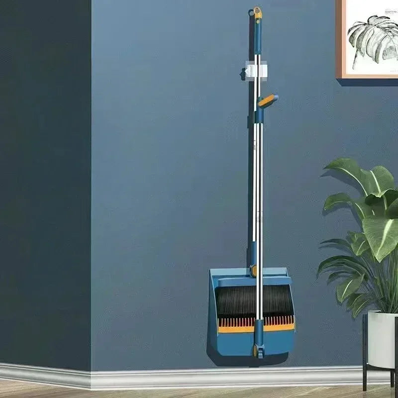 Long Handle Broom With Dustpan Set 180-Degree Angle Adjustment Stiff Bristles Buckle Type Broom Dustpan Set With Scraping Teeth Qme Rotating Blue