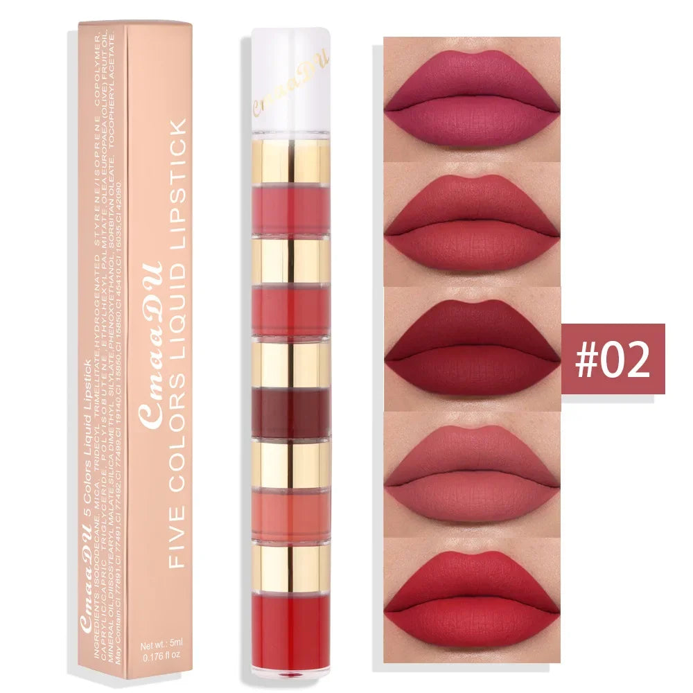 5 In 1 Matte Lipstick Kit Combo Strip Velvet Sexy Red Lip Tint Non-stick Cup Lip Gloss Lip Oil Makeup Lips Cosmetic Set Qme 02