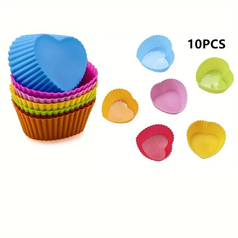Silicone Cake Mold Round Heart Shape Muffin Cupcake Baking Molds Home Kitchen Bakeware Baking Cups BPA Free Kitchen Gadgets ﻿ Qme 10PCS Heart