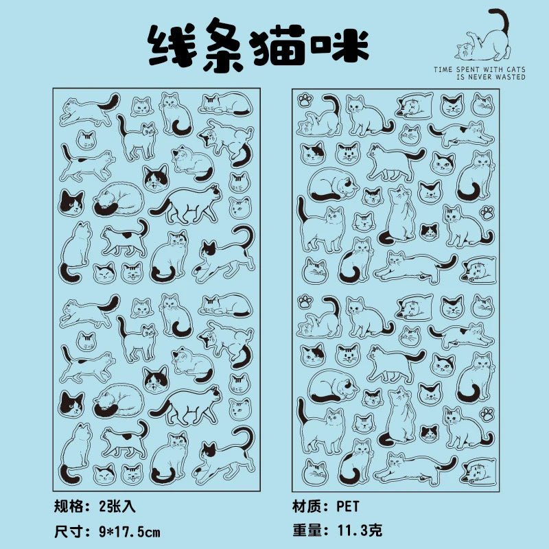 2 Sheets/Bag Cute Cartoon Cats PET Stickers, for DIY Scrapbooking Photo Frame Collage Decoration Craft Supplies Qme 1