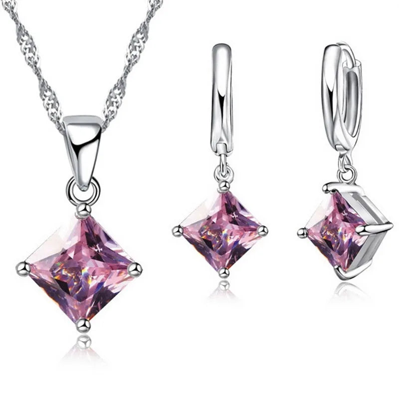 New Fashion Women Pendants Necklace Simple Geometry Square Earrings Crystal 925 Sterling Silver Color Jewelry Sets for Wedding Qme