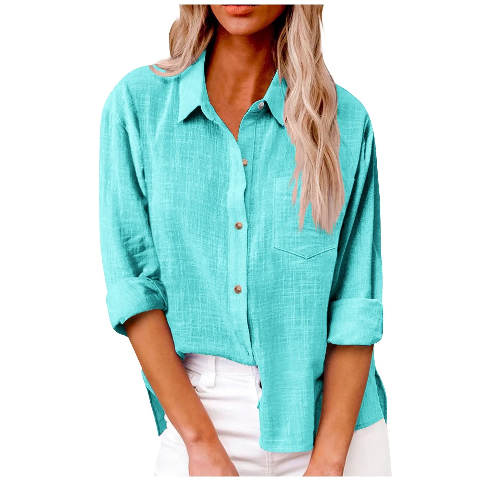 Women’s Long Sleeve Turn Down Collar Solid Color Retro Versatile T-shirts Large Sized Daily Basic Minimalist Dress Shirt For Lad Qme Cyan L