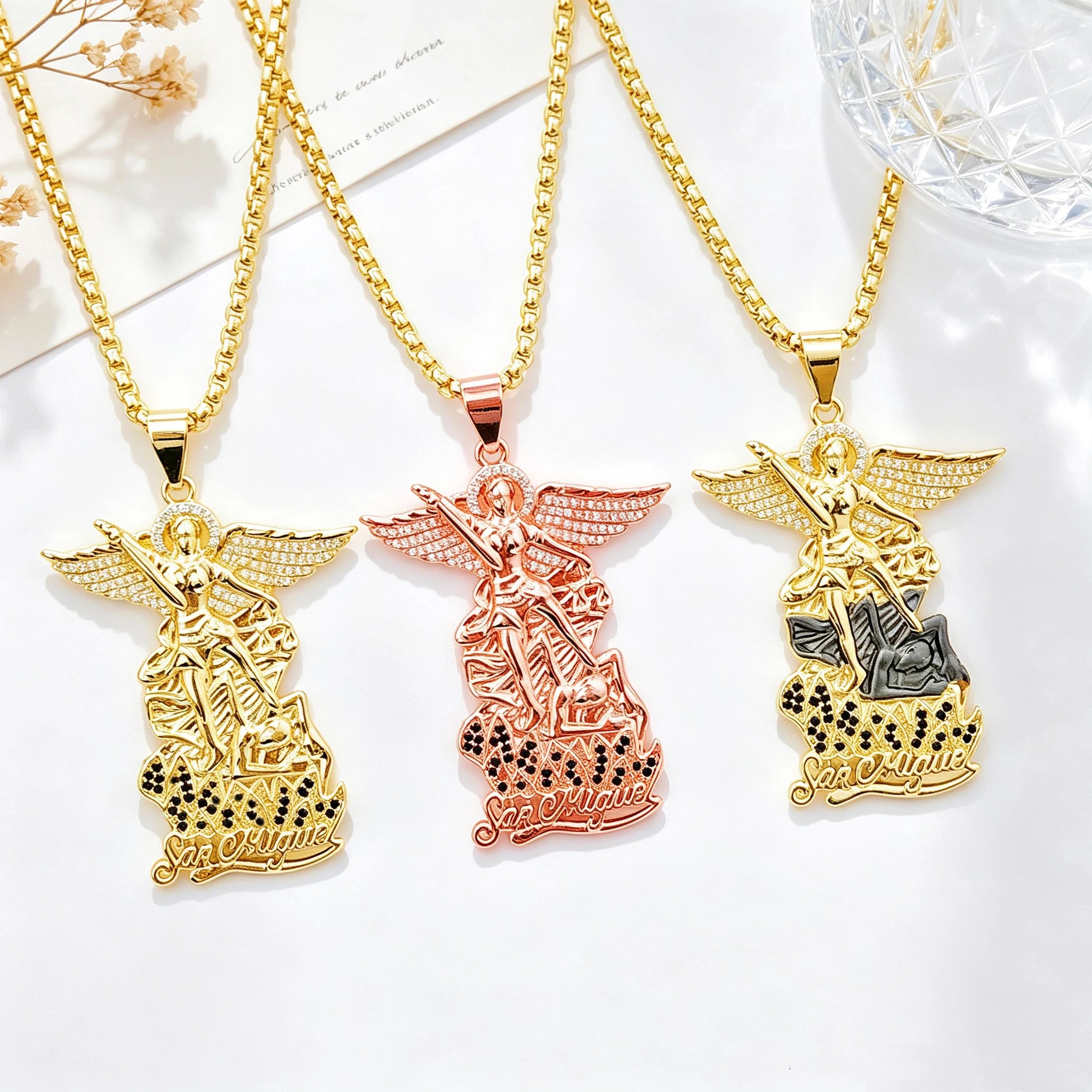 New Design 45/60cm San Miguel Archangel Stainless Steel Necklace Gold/Rose Gold Plated Zirconia For Men Women Jewelry Choker Qme