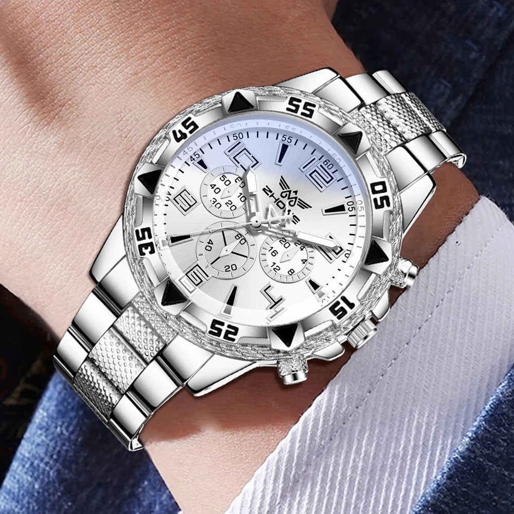 4PCS Silver Men's Fashion Casual Mixed Scale Dial Quartz Watch Bracelet Necklace Ring Set Suitable for Daily Wear Decoration Qme