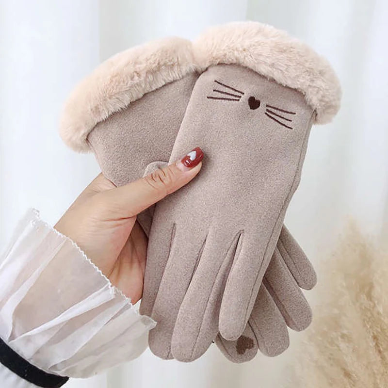 Autumn Winter Warm Suede Gloves Velvet Thickened Plush Decor Cuff Qme Beige