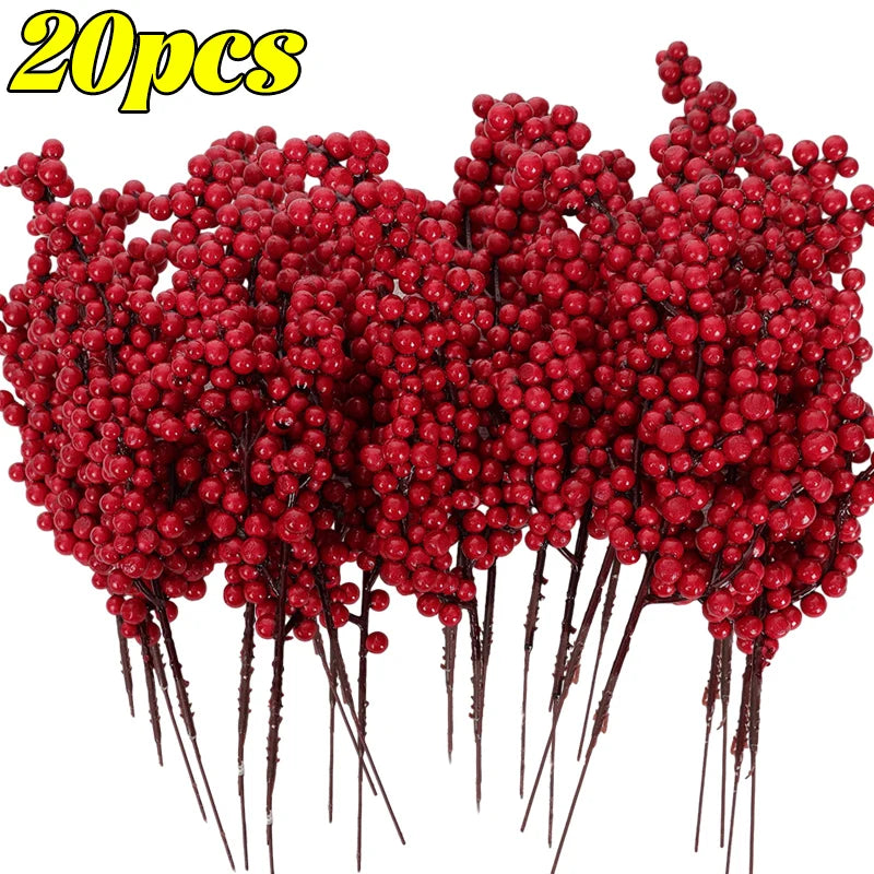 Artificial Berries Branches Christmas Red Holly Berry Stem DIY Flowers Simulation Plant Xmas Tree New Year Party Decor Ornaments Qme 20PCS