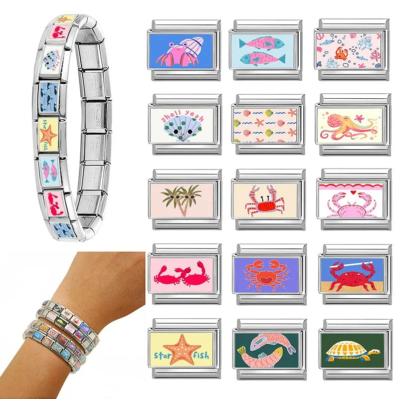 Dropshipping Wholesale Crabs Pattern Fish Shell Whale Italian Charm Links Fit 9mm Stainless Steel Bracelet DIY Making Gifts 2026 Qme