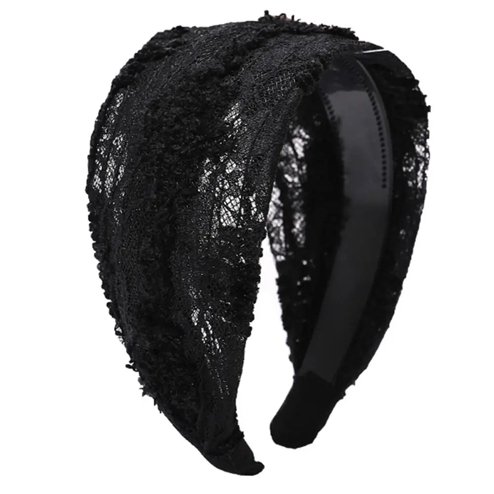 Trendy Retro Wash Face Lace Cloth Wide Edge Headband Female Hair Hoop Qme black