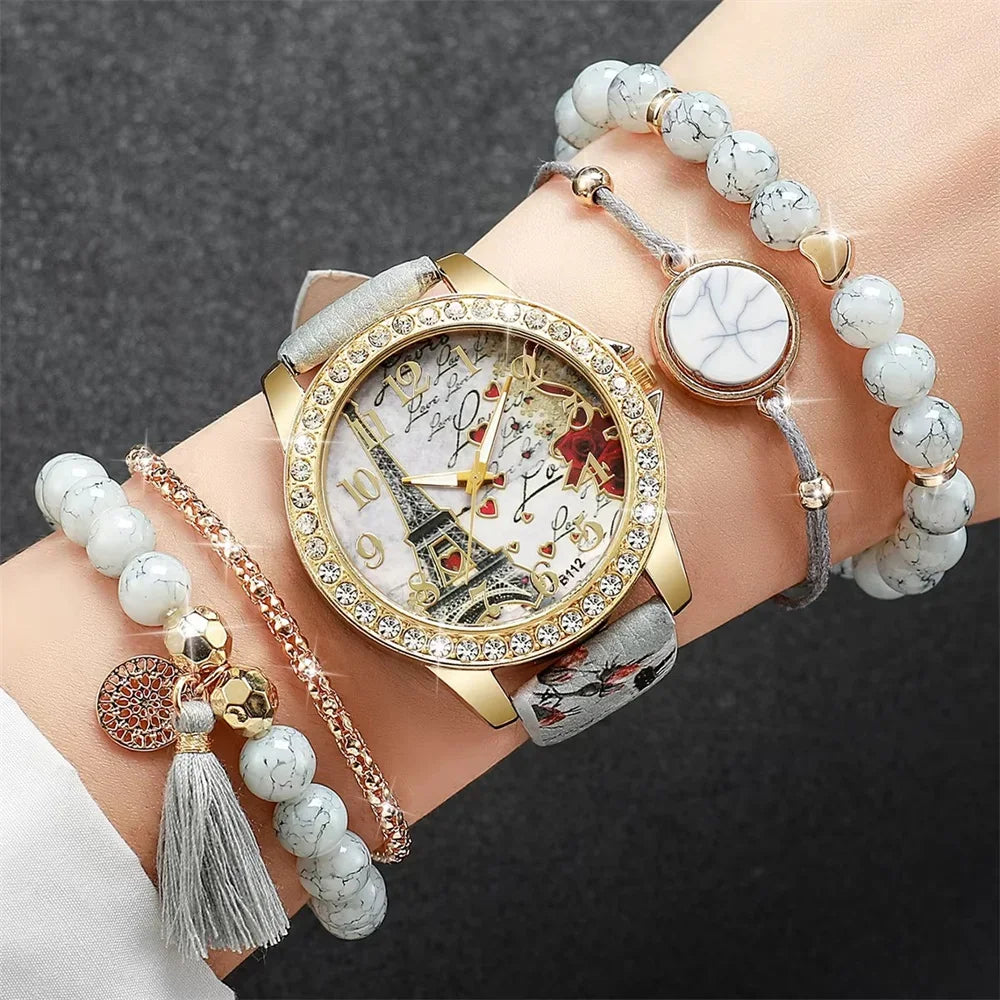 5 Pcs/set Women's Fashion Clock European and American Classic Retro Quartz Watch with Exquisite Fringe Bracelet Set Qme
