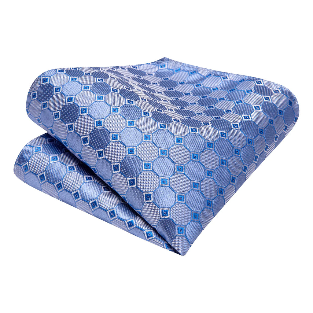 Hi-Tie Fashion 8.5cm Blue Plaid Dots Men's Elegant Tie Handkerchief Cufflinks Set Wedding Party Accessories Gift for Men Gravats Qme