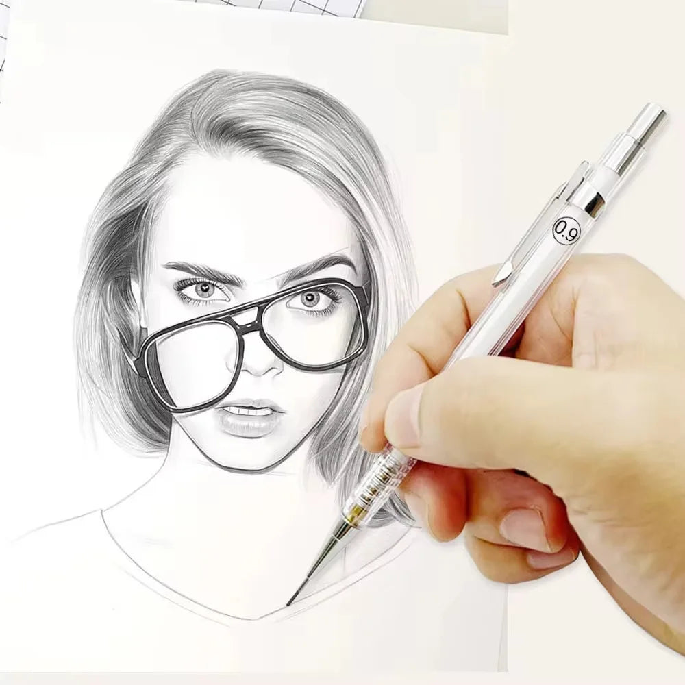 Art Drawing Transparent Mechanical Pencil 0.5/0.7/0.9mm Replaceable 2B Lead Refills + 2 Dispensing Tubes Office Supplies Qme