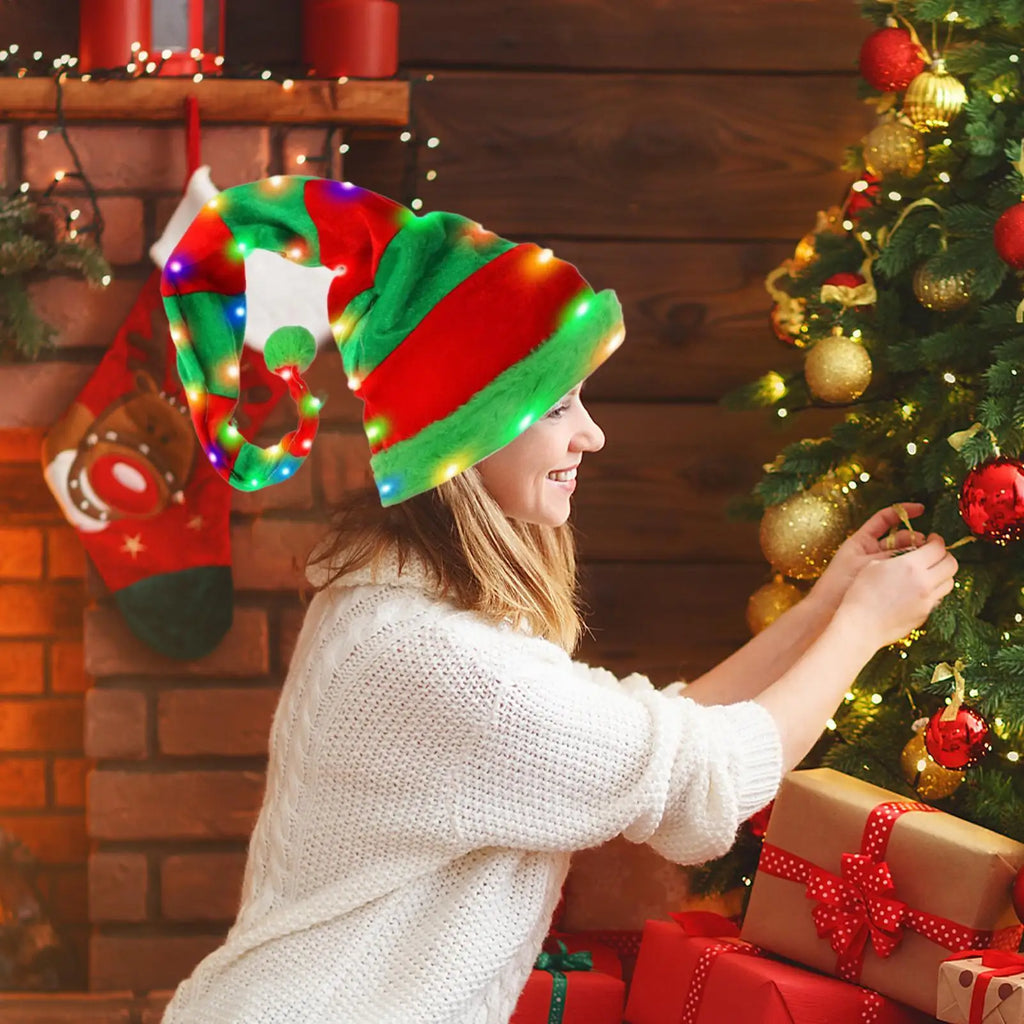 1pc Light Up Santa Hat Santa Hat Christmas Hat Striped Holiday Hat New Year Hat Photo Props Christmas supplies For Kids & Adults Qme