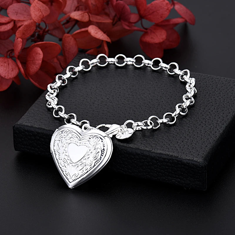 925 Sterling Silver Heart Shaped Frame Pendant Bracelets for Women Lady Party Wedding Fine Jewelry Holiday Gifts Qme