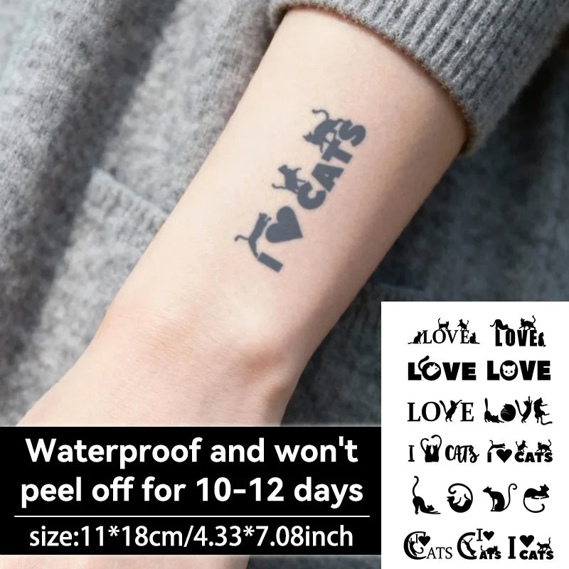 I Love Cat Temporary Tattoo, Herbal Juice Semi-Permanent Waterproof, Small Sexy Realistic Fake Arm Tattoo Qme